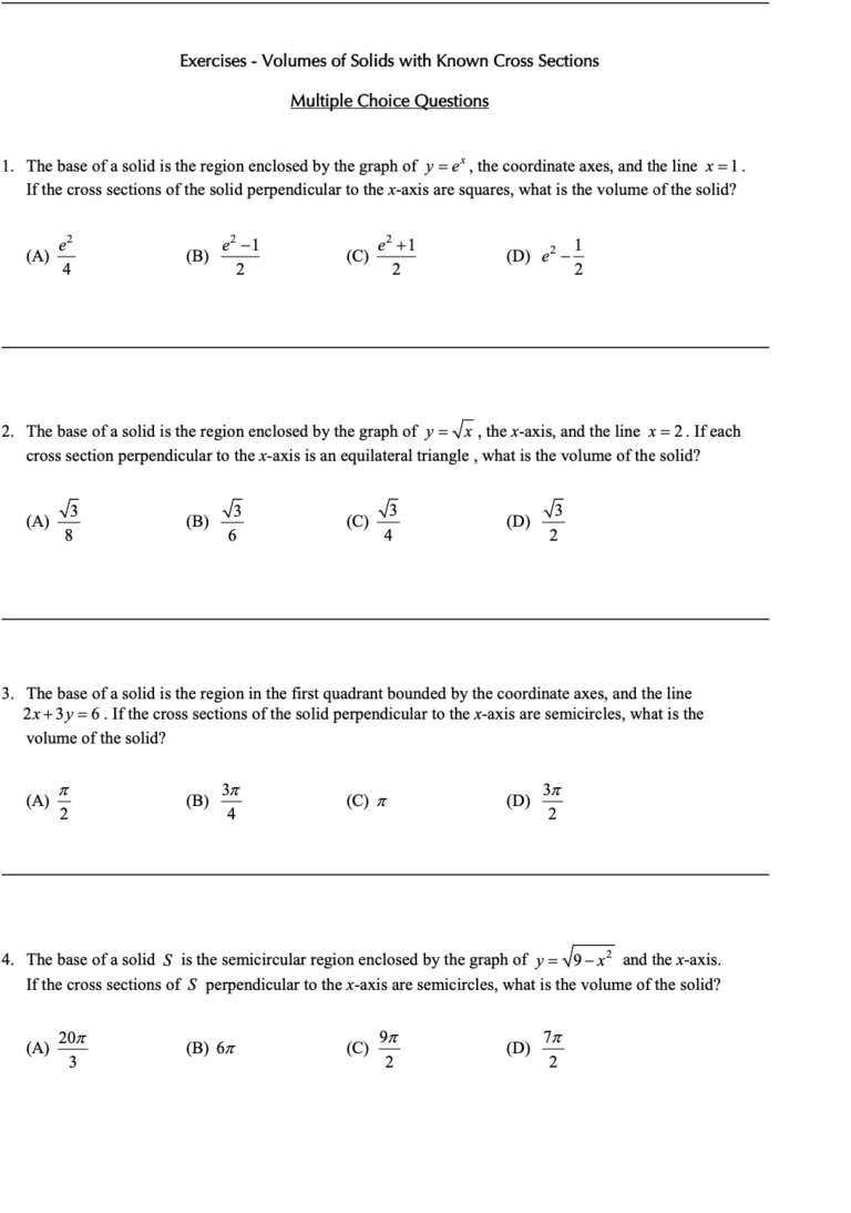 Volumes of Solids with Known Cross Sections in Application of Integration